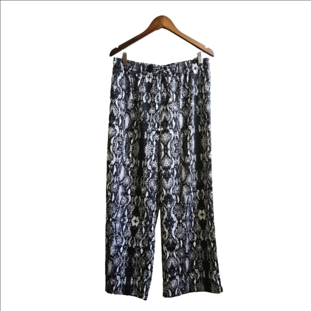 CALVIN KLEIN Black and white python snake print wide leg pants